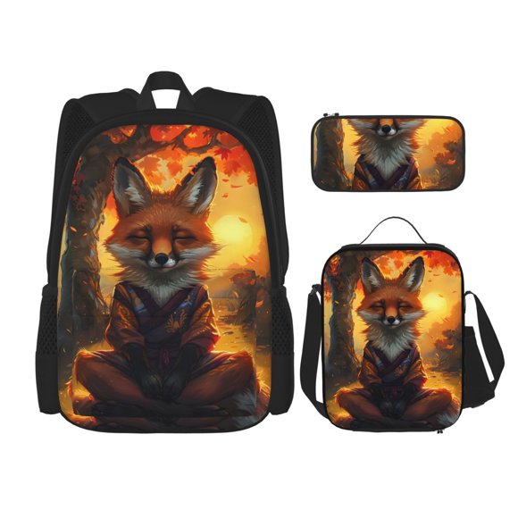 Lsque Sunset Maple Tree Fox Pattern School Bag Set -Backpack with Pencil Case and Lunch Bag,3-in-1 School Bag,Kids Backpack Set for Boys and Girls