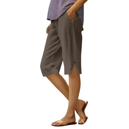 Prdecexlu Linen Capris Women Hem Split Beach Elastic High Waist Wide Leg Casual Cropped Pants Vacation Solid Color Baggy Loose Trousers with Pockets Dark Gray XL