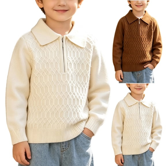 BFHHYA Boys Quarter Zipper Pullover Trendy Texture Lapel Long Sleeve Basic Layer Tops Solid Casual Ribbed Knit Sweater Fall Winter Thermal Shirts Brown 3-4 Years