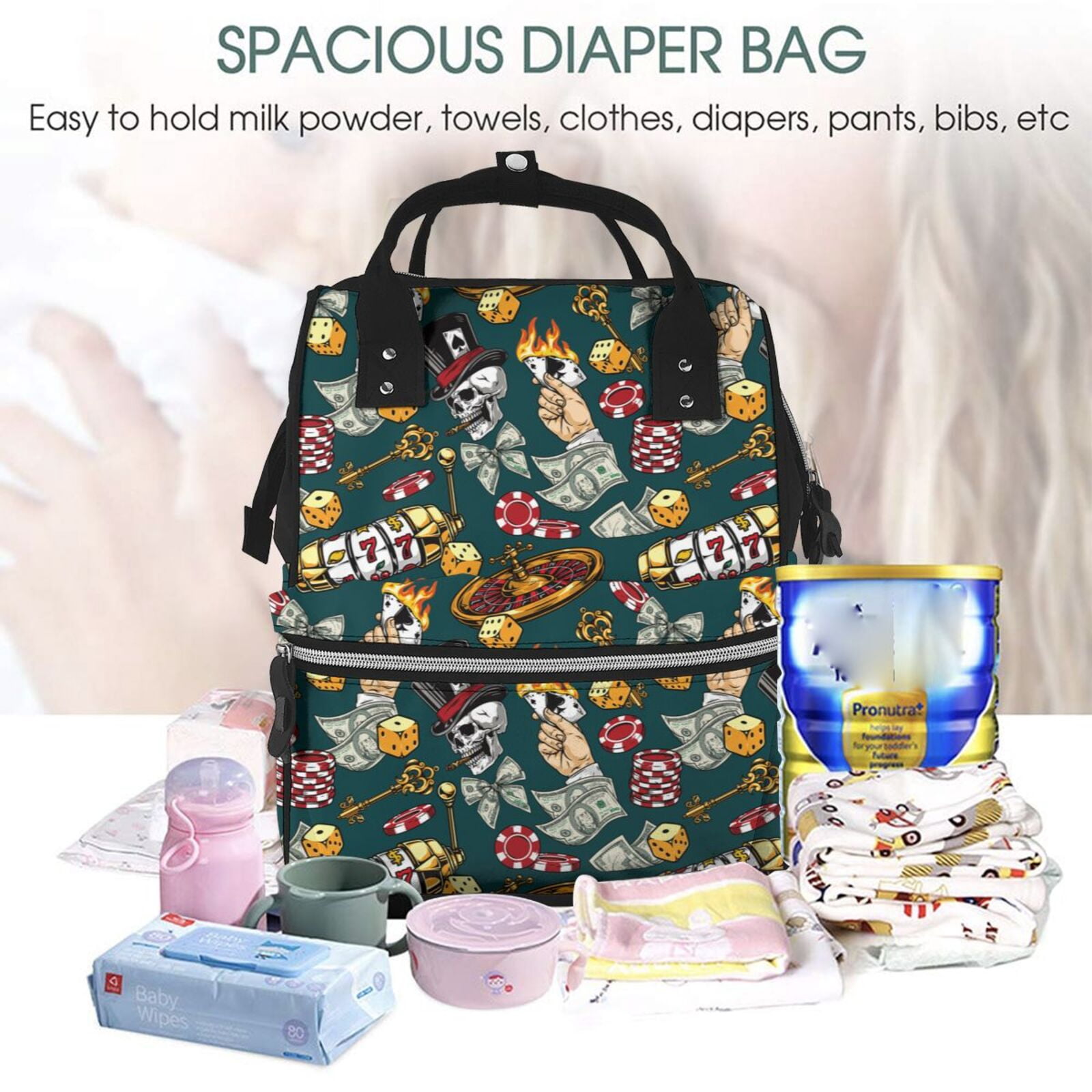 Ratiio Vintage Casino Chips Mummy Backpack - Waterproof Twill Canvas, Large Capacity Diaper Bag with Multiple Pockets and Adjustable Straps