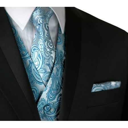 Italian Design, Men's Formal Tuxedo Vest, Tie & Hankie Set for Prom, Wedding, Cruise in Teal