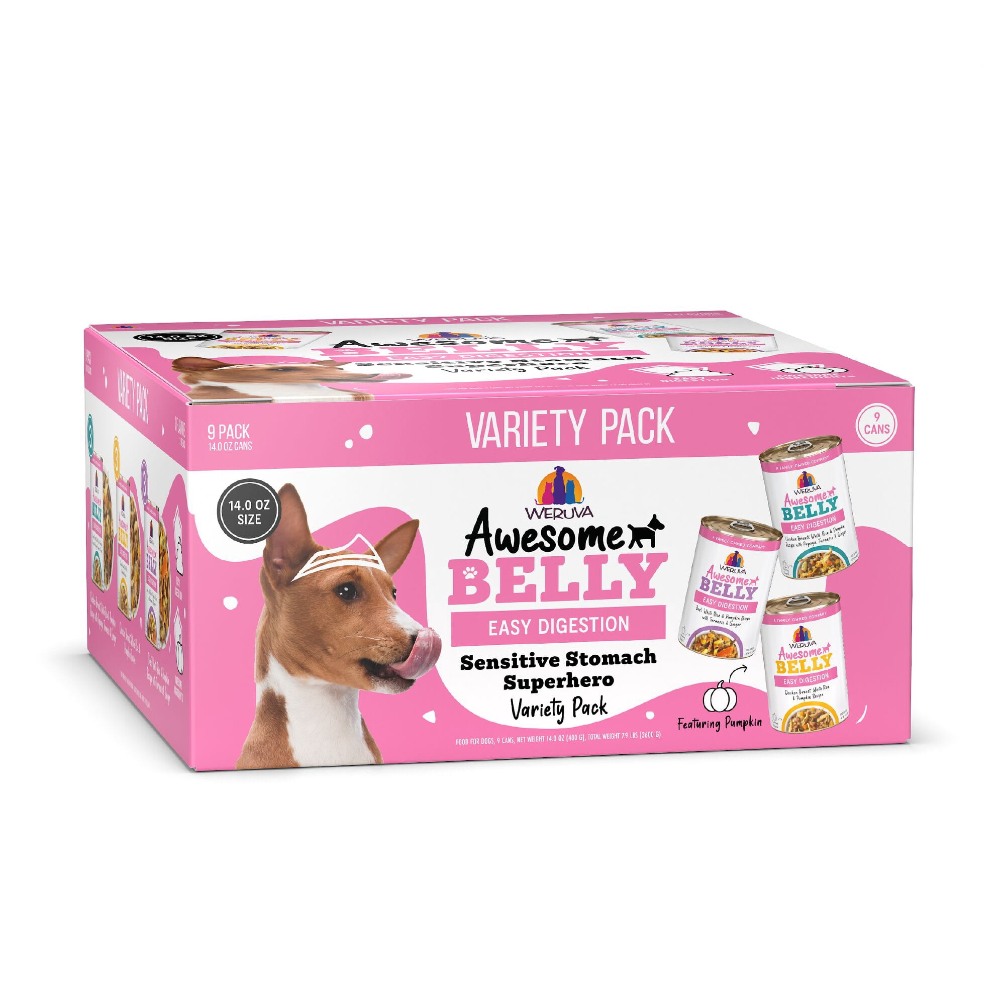 Weruva Awesome Belly Sensitive Stomach Superhero Wet Dog Food Variety Pack, 14 oz., Count of 9