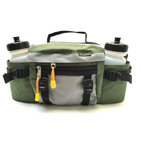 Fanny Pack With Bottle Holder Premium Fanny Waist Lumbar Pack with Water Bottle Holder Hiking Climbing Walking Outdoors by Everest, Includes 2 Everest Squeeze Bottles (Green) ()
