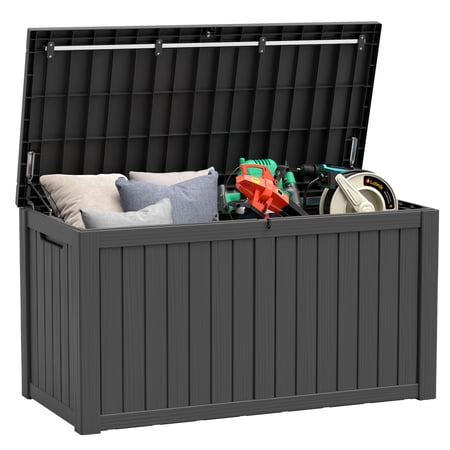 Condition photo showing Good Condition for bifanuo 150 gallon deck box outdoor storage box large waterproof resin indoor storage box with built-in steel beams for patio cushions pool supplies