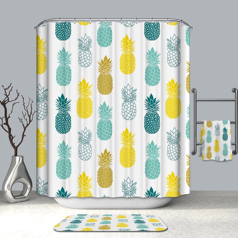 Pineapple Fabric Shower Curtain with 12 Hooks Yellow Blue and Green