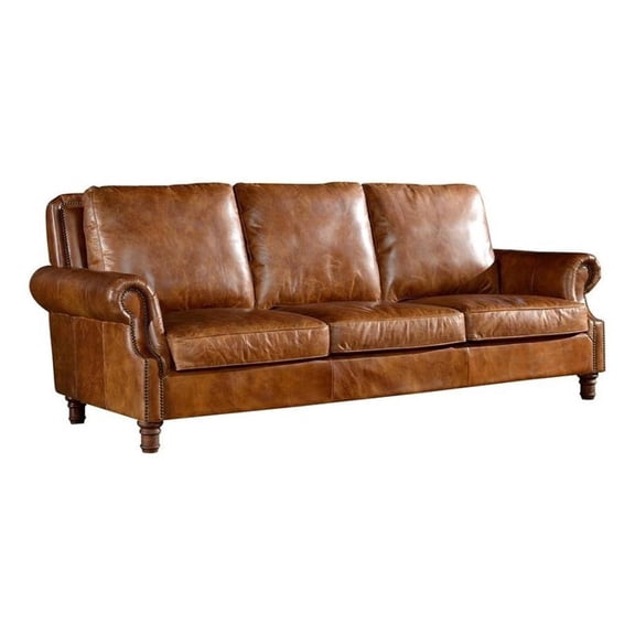 Pemberly Row Contemporary English Rolled Arm Sofa in Light Brown Leather