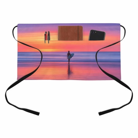 Tropical Sunset Kitchen Restaurant Half Waist Apron, Surfer Girl Purple Tides Coastal Summer Server Short Apron with 3 Pockets Waterproof Oil Waist Aprons for Women Waitress Waiter