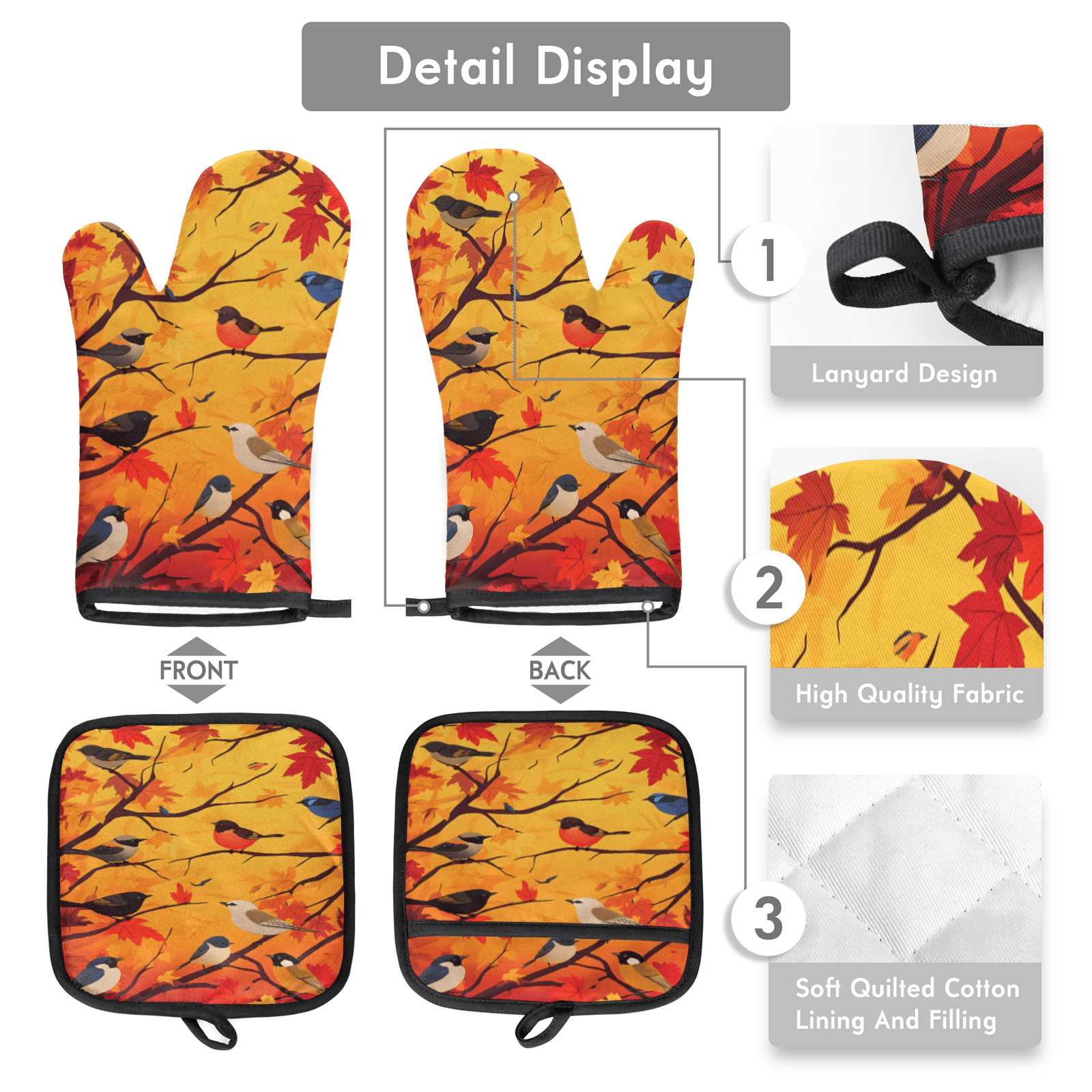 CURLYOOT Birds Fall Maple Leaf Oven Mitts and Pot Holders Sets of 2, Non-Slip Washable Hot Pads and Oven Gloves for Kitchen Cooking Baking