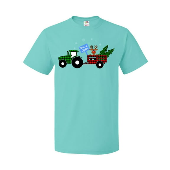 Inktastic Plaid Christmas Tractor with Cute Reindeer T-Shirt