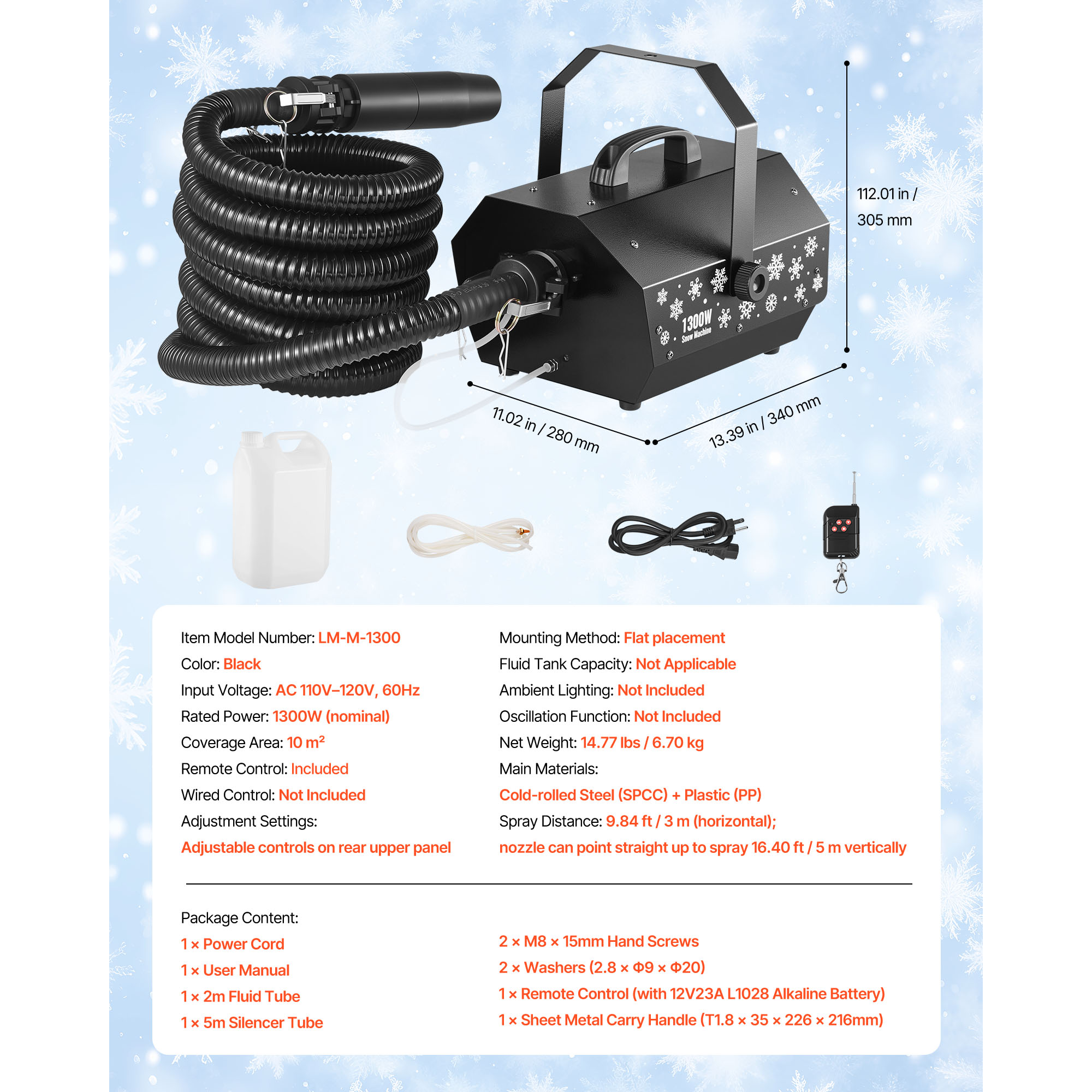 KFFKFF 1300W Quiet Snow Machine with Wireless Remote, Portable Snowflake Maker for Indoor and Outdoor Events, Ideal for Holiday Parties, Weddings, Stage Effects, and Decorative Displays