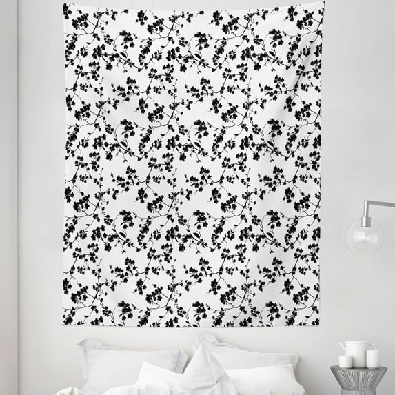 East Tapestry, Monochrome Sakura Flower Silhouette Blooming Nature Illustration Spring Season Theme, Fabric Wall Hanging Decor for Bedroom Living Room Dorm, 5 Sizes, Black White, by Ambesonne