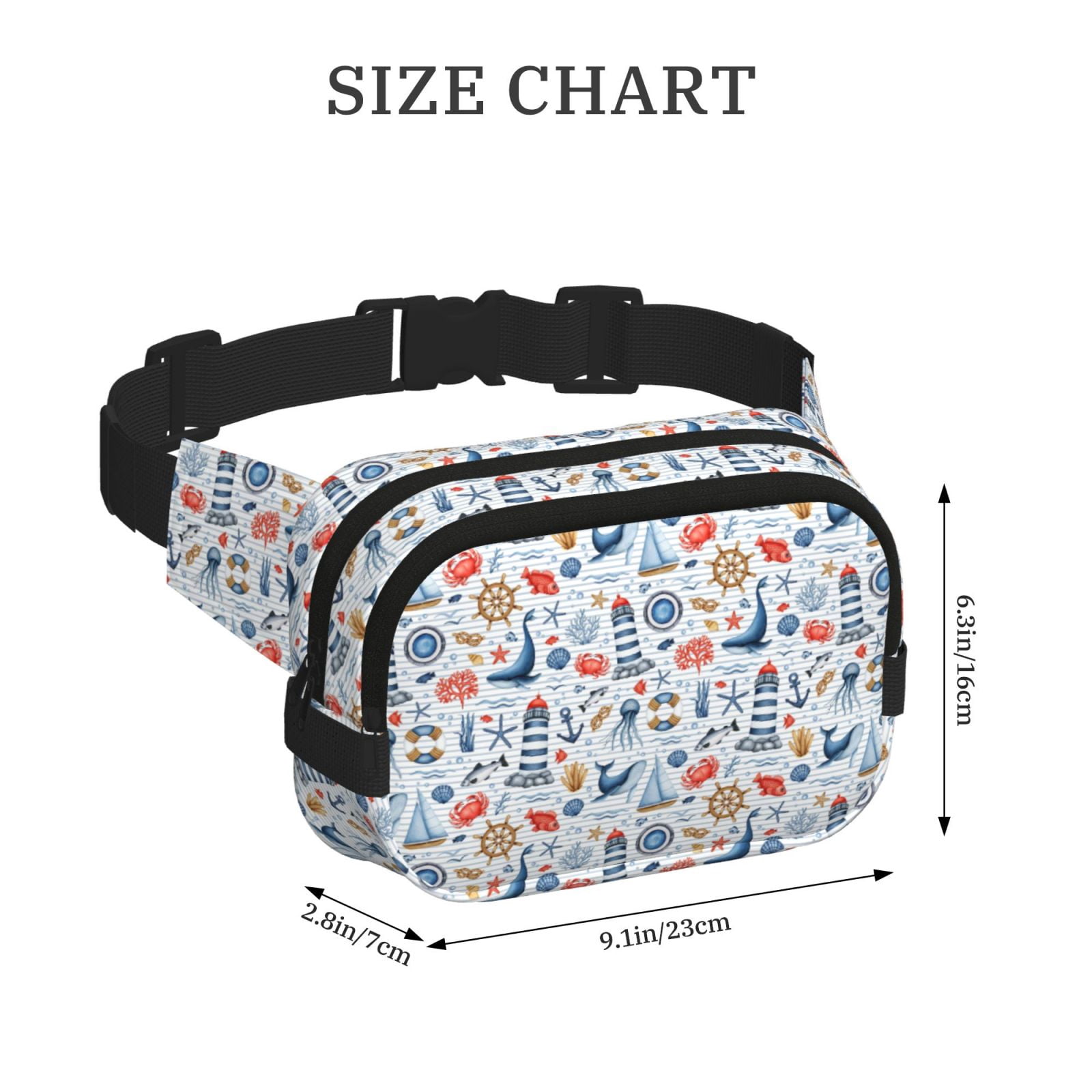 Picia Watercolor Nautical Print Square Double-Layer Waist Bag Mini Adjustable Waist Belt Bag Exercise Running Travel Hiking