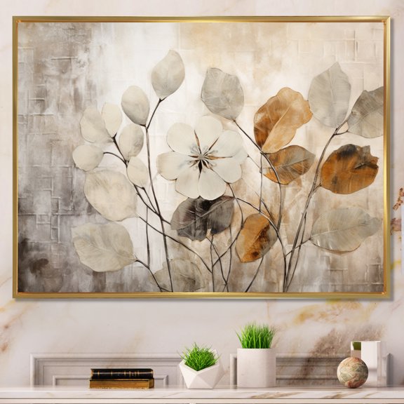 Designart "Beige Botanical Expressions III" Abstract Botanicals Floater Framed Canvas Art Print