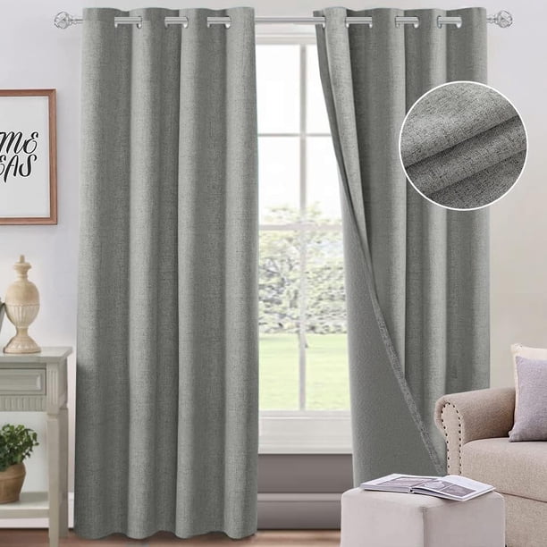 Lino Cortinas Blackout con Aislamiento Térmico, 100% Blackout y Ojal Superior Cortina para Recámara y Ventana de Sala, Capa Trasera de Revestimiento Gris, 2 Paneles, 132 x 241 cm, Gris
