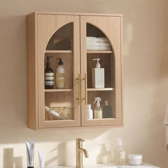 Bathroom Wall Cabinet, 23.5×31.4'' Storage Cabinet, Arched Cabinet Wall Mount with Adjustable Shelf & Glass Doors, Medicine Cabinet for Room, Bathroom, Kitchen, Living Room,Natural Oak