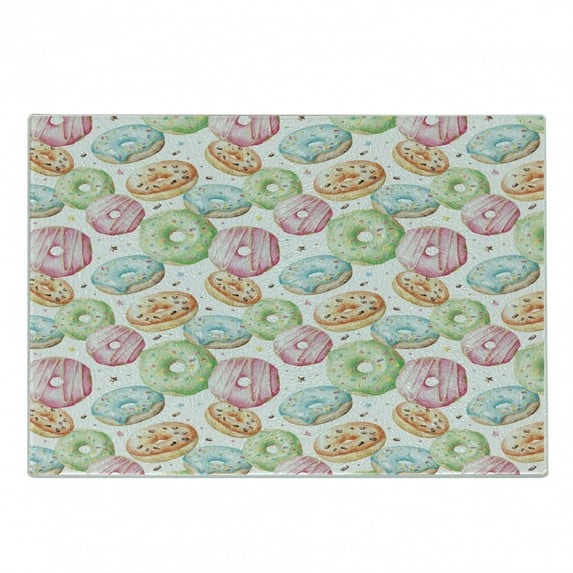 Watercolor Cutting Board, Delicious Donuts Pattern Various Flavors Sprinkles Stars Background, Decorative Tempered Glass Cutting and Serving Board, Small Size, Multicolor, by Ambesonne