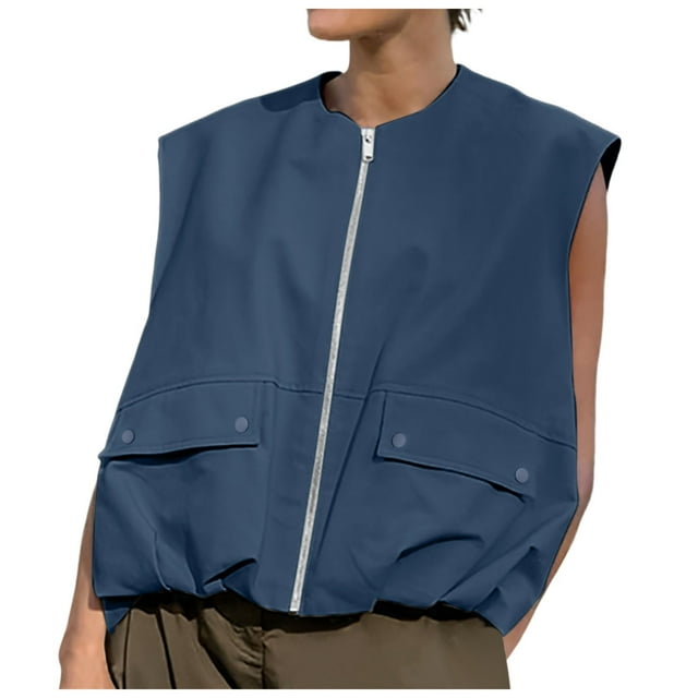 Cardigan Sans Manches à Poches Grand Couleur Unie avec Fermeture Éclair pour Femmes