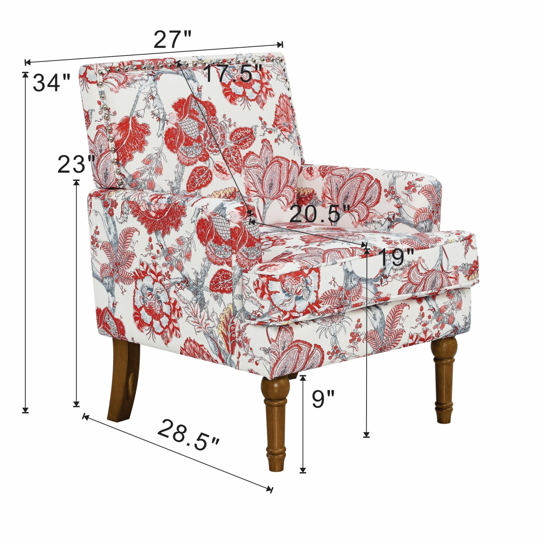 Noble House Floral Accent Chair with Nailhead Trim, Solid Wood Legs, Red + White
