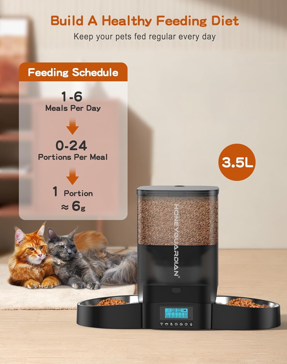 3.5L Automatic Cat Feeder for Two Cats with Stainless Steel Bowl, Timed Programmable 1-6 Meals, Dual Power Supply
