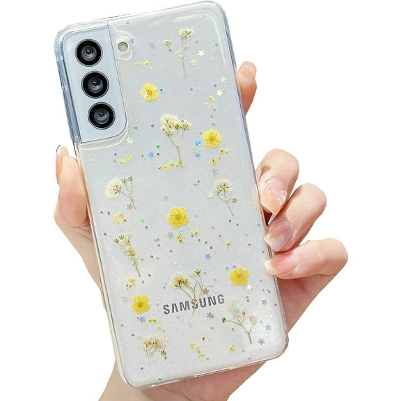 Galaxy S22 Flower Case, Soft Clear Flexible Rubber Pressed Dry Real Flowers Case Girls Women Glitter Floral Cover for Samsung Galaxy S22 -Yellow