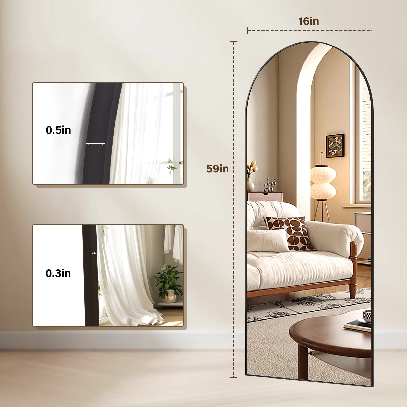 AUROMIR 16"x59" Arched Full Length Mirror Full Body Floor Mirror, Black