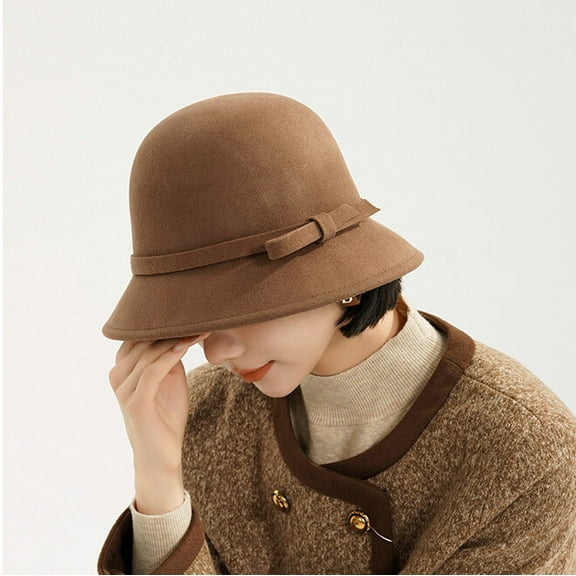 Elegant Wool Bucket Hat with Bow for Women – Winter French Vintage Cloche Cap