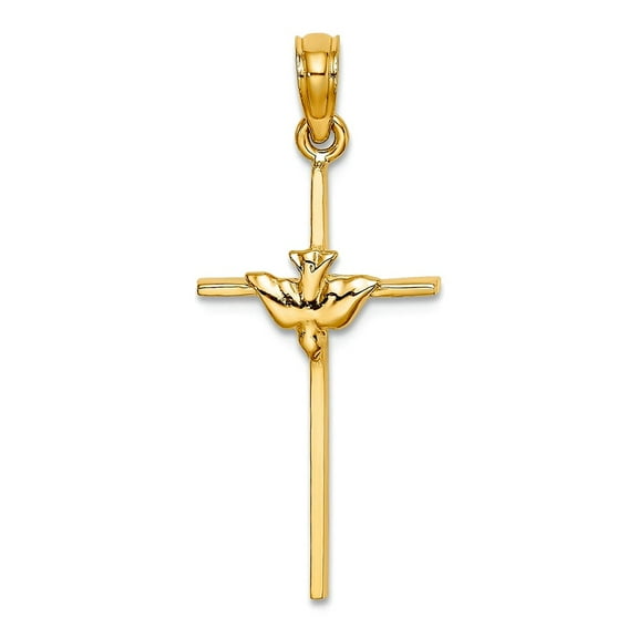 10k Gold Dove Stick Religious Faith Cross Charm 28.2x12mm Wide Pendant Necklace for Women - .7 Grams