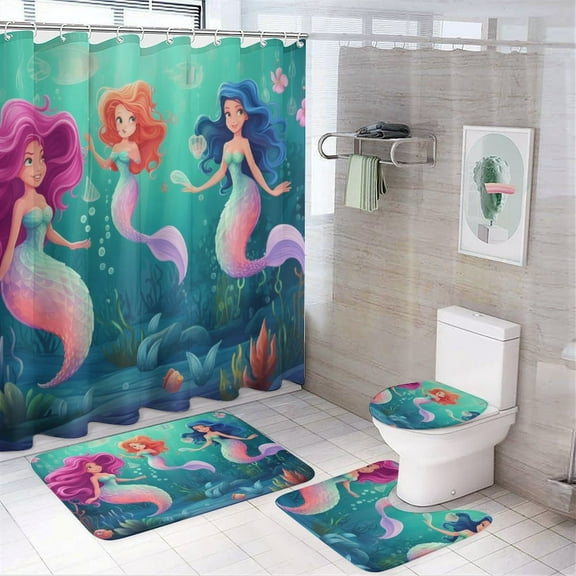 Mermaid Colorful Ocean World Shower Curtain Set 4PCs with Hooks Waterproof Bathroom Toilet Mat Lid Decor 4pcs