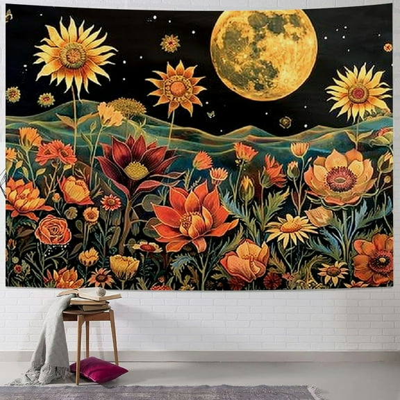 JRXY Trippy Flower Tapestry Hippie Boho Sun Tapestry Vintage Aesthetic Tapestry Floral Plant Wall Tapestry Mystic Starry Sky Tapestry Wall Hanging for Bedroom 40x30inch