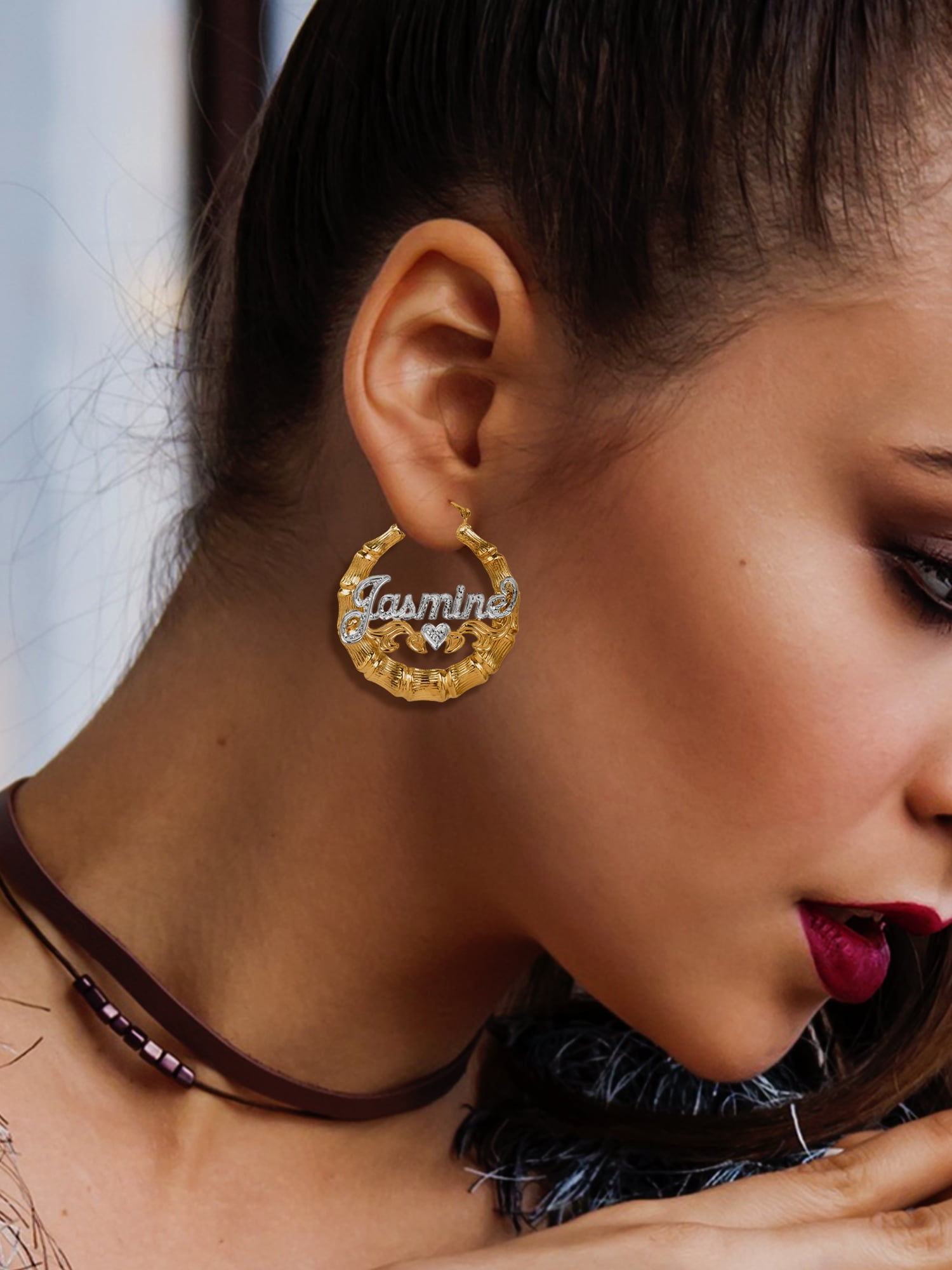 Personalized Bamboo Style Hoop Name Earrings with Beading and Rhodium All Over