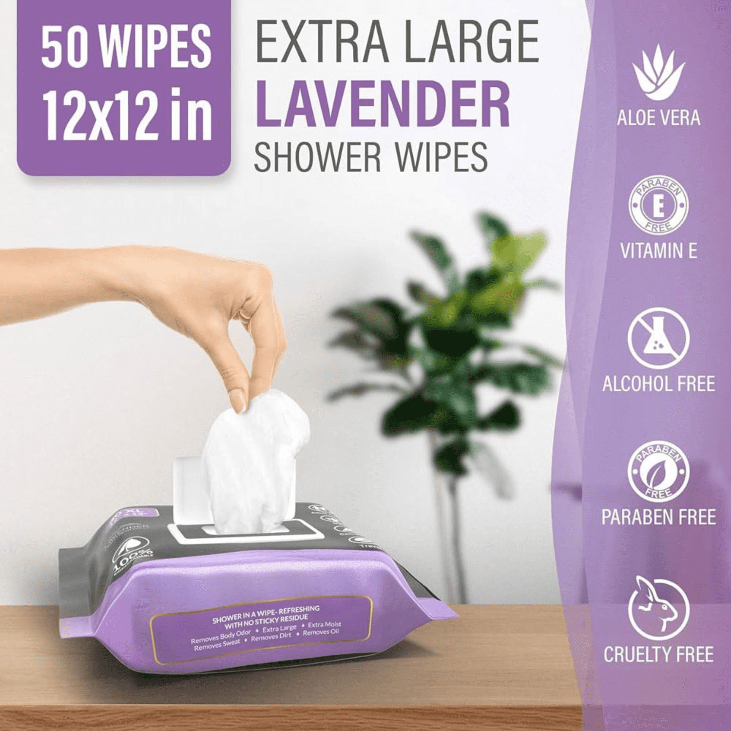 Showerless Body Wipes for Women Deodorant Wipes Women - 50 XL 12"x12" Lavender Rinse-Free Body Wipes - Rinse Free Face Wipes Deodorant Wipes for Gym Travel Camping Shower Adult Bathing Wipes