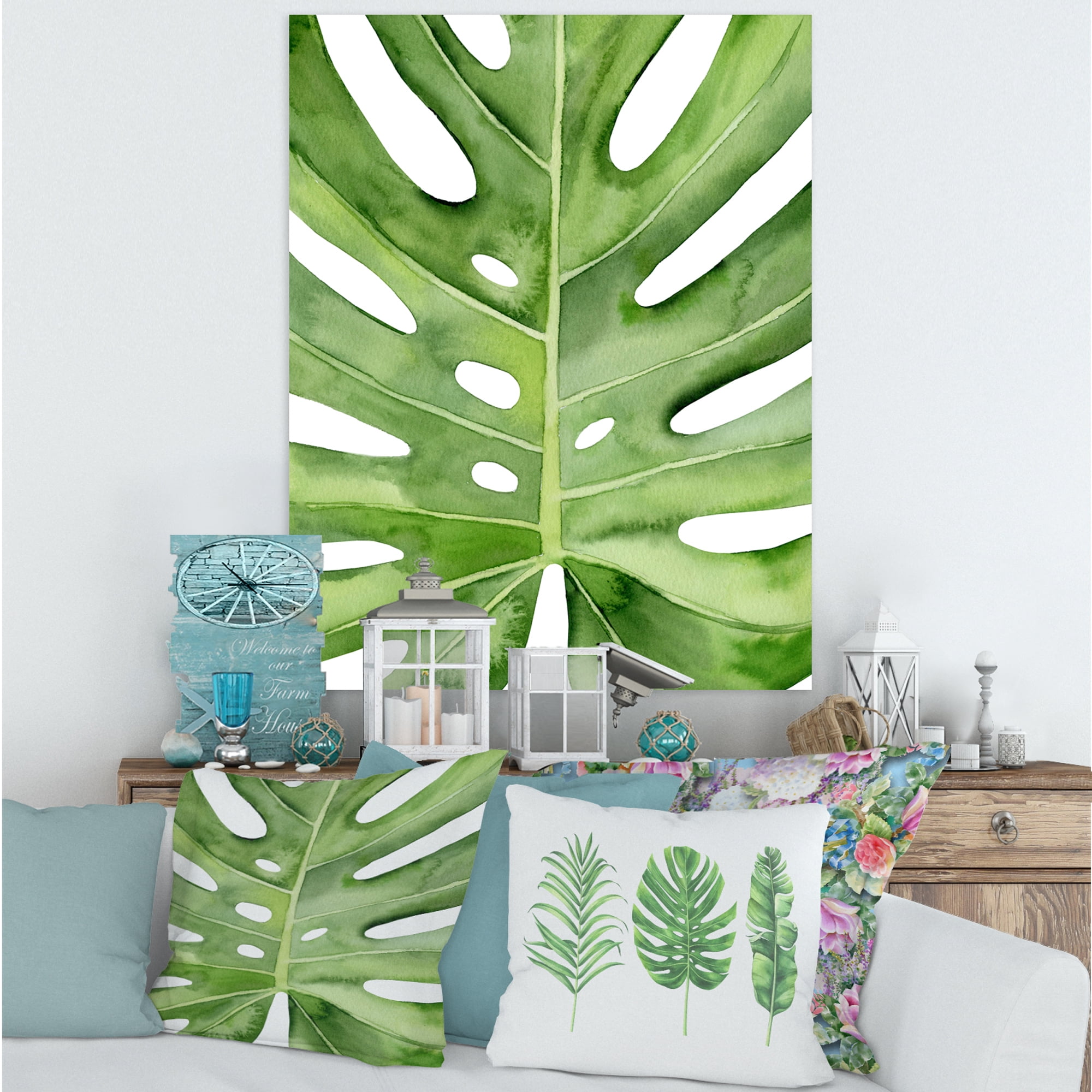 Designart ' Close Up Green Monstera Leaf Tropical Palm ' Tropical Canvas Wall Art Print