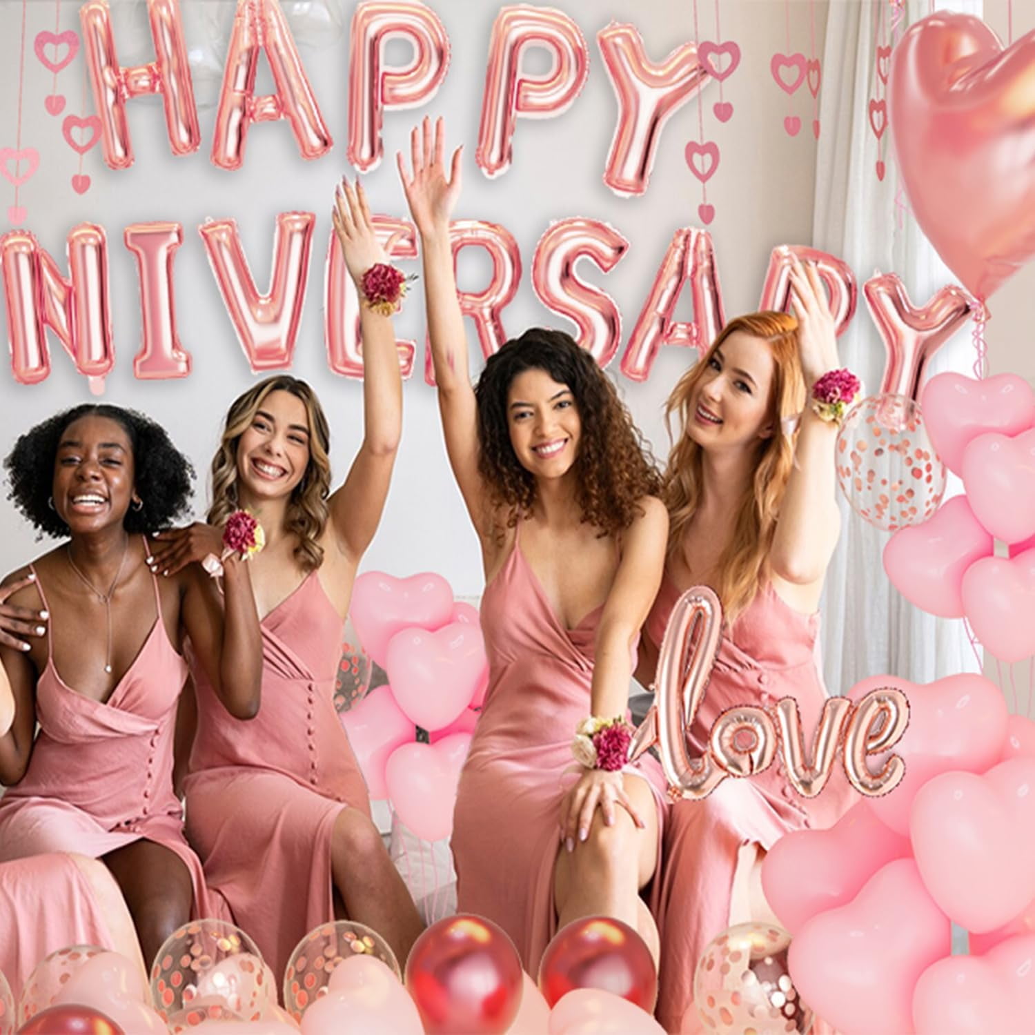 NestE - Anniversary Decorations, Happy Anniversary Balloons Banner, Pink Heart Balloons Heart Hanging String Pink Rose Petals for Wedding and Valentines Day Romantic