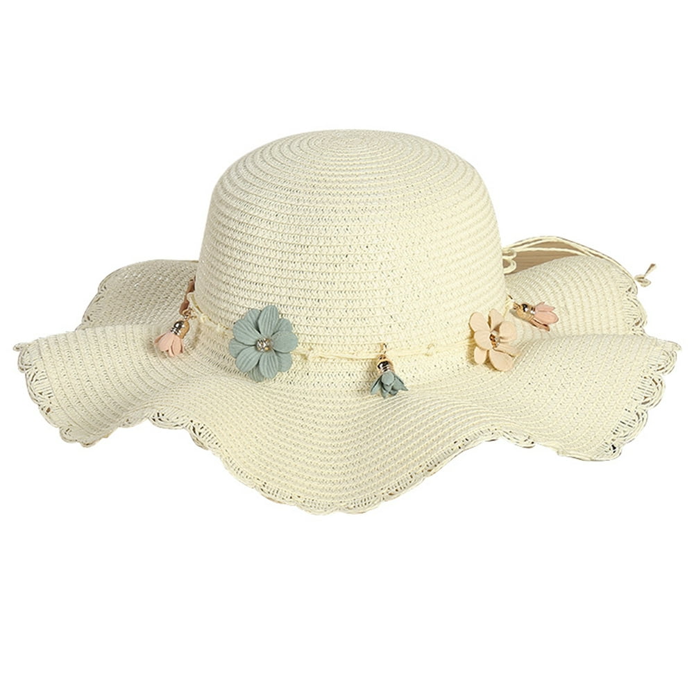 Coxeer - Straw Hat Wide Brim Fake Flower Decor Beach Sun Hat Fisherman ...