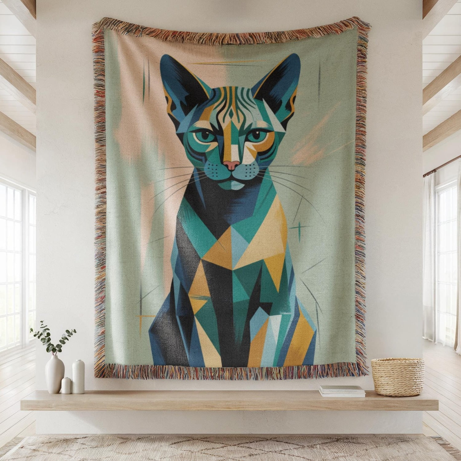 Geometric Cat Modern Woven Throw Blanket Cotton with Fringed Edges for Couch Decor