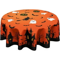 Halloween Tablecloth Round 60 Inch Pumpkin Ghost Spider Web Bat Castle Witch Orange Table Cloths Circular Table Cover Washable Wipeable Polyester Tabletop for Dining Kitchen Party Holiday Decor