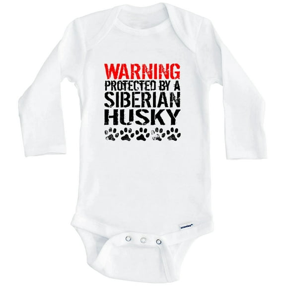 Warning Protected By A Siberian Husky Funny One Piece Baby Bodysuit Funny Dog Baby Bodysuit (Long Sleeve), 0-3 Months White