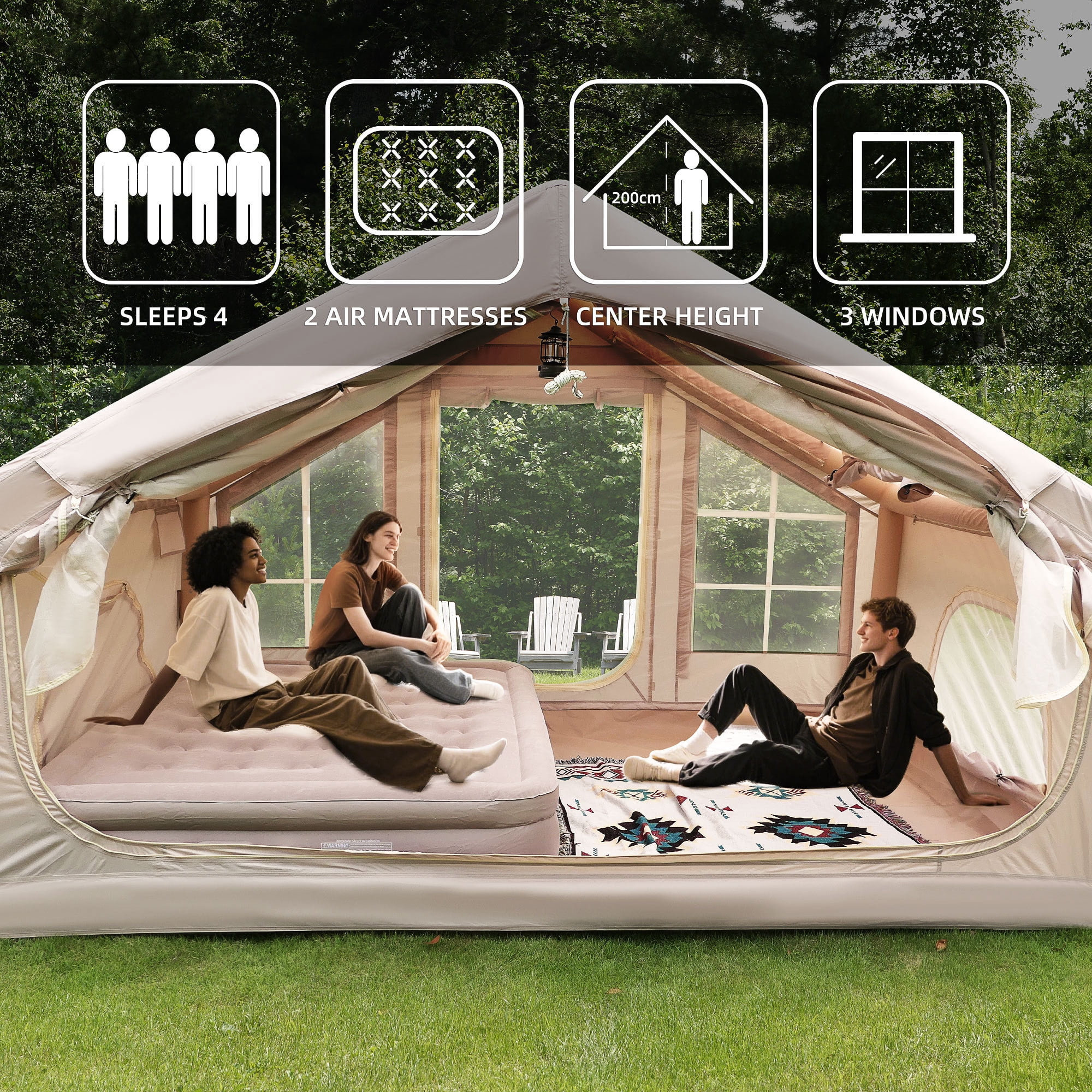 Leumius 4-Person Inflatable Camping Tent with Canopy,Waterproof Windproof,Clear Skylight & 420D Oxford Waterproof, Huge Door & Windows for Camping Hiking Travel
