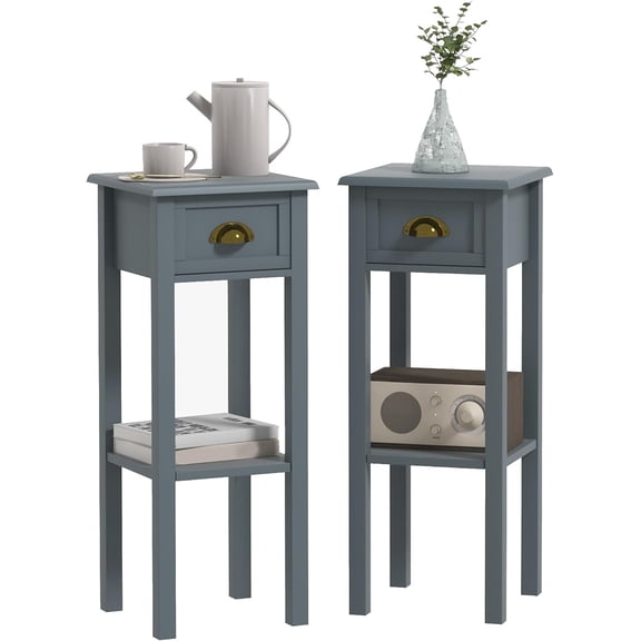 NeoNiches Narrow End Table with Drawer and Bottom Shelf, Set of 2, Gray | Slim Side Table for Small Spaces, Skinny Modern Accent Desk, Night Stand, Living Room