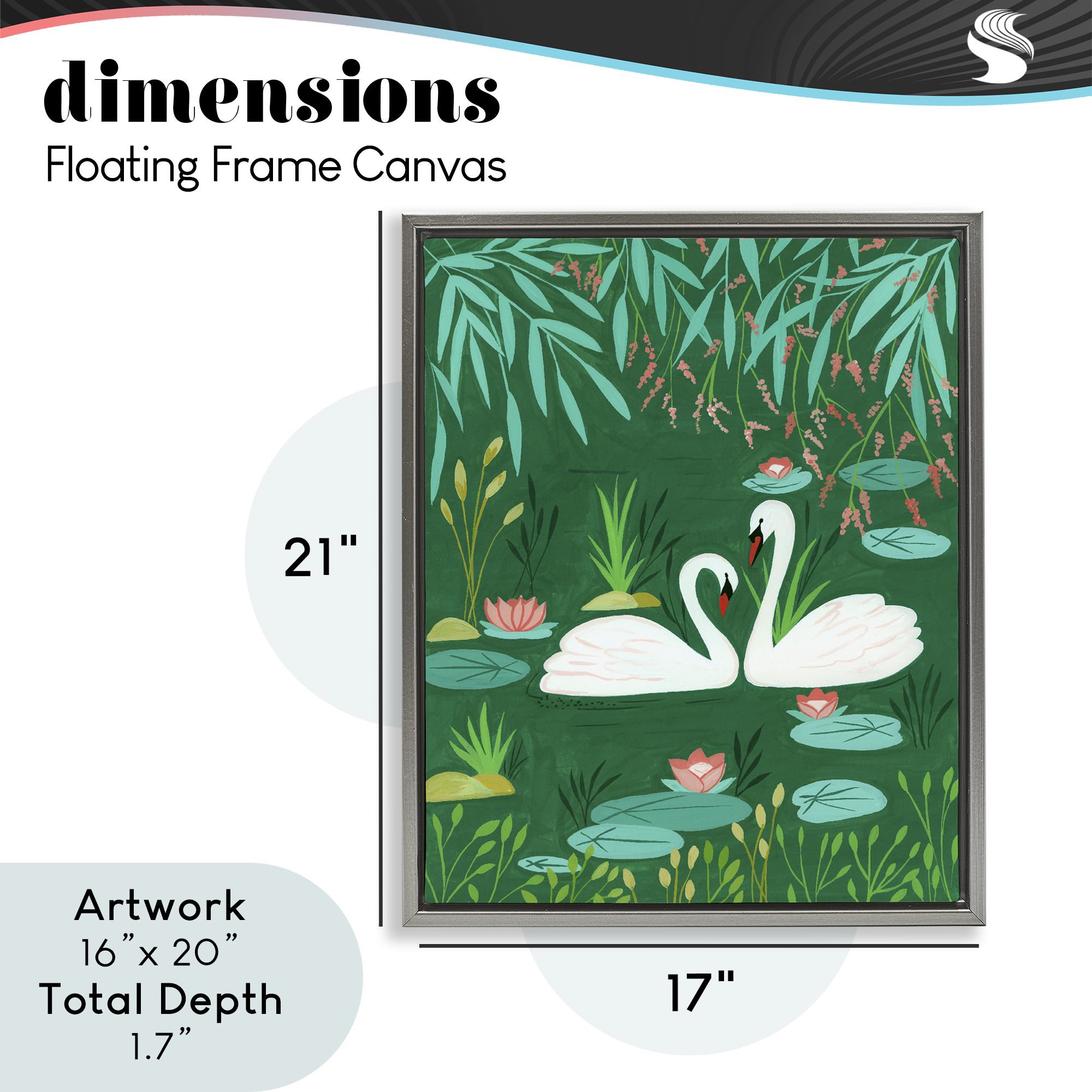 Swan Pair on Green Pond Gray Framed Floater Canvas Wall Art, design by Nabeela Rumi