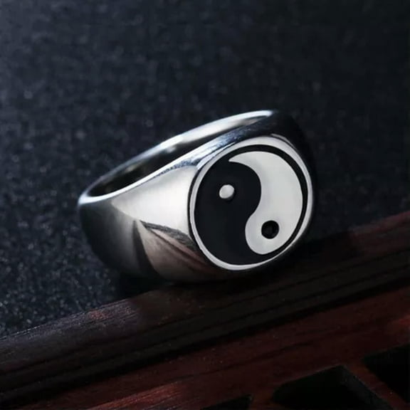 HOOUN Vintage Tribal Ying Yang Tai Chi Pattern Ring Stainless Steel Punk Biker Ring-11-Silver