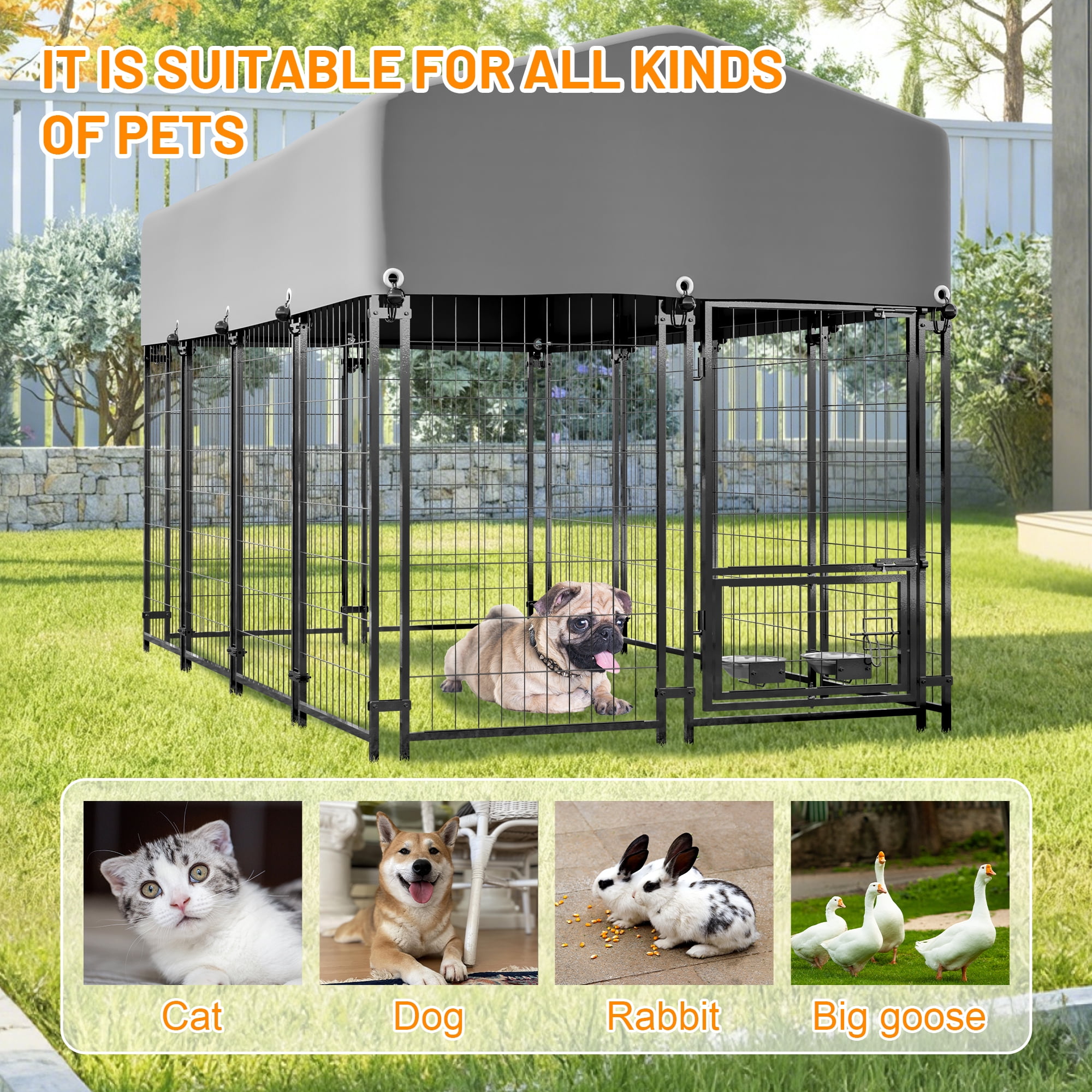 Villeston Universal Heavy Duty Medium Metal Dog Kennel Playpen with Sun/Rain Proof Top for Dog Cat Duck Chicken Outdoor Excerise (7.81'L x 4.23'W x 4.83'H)
