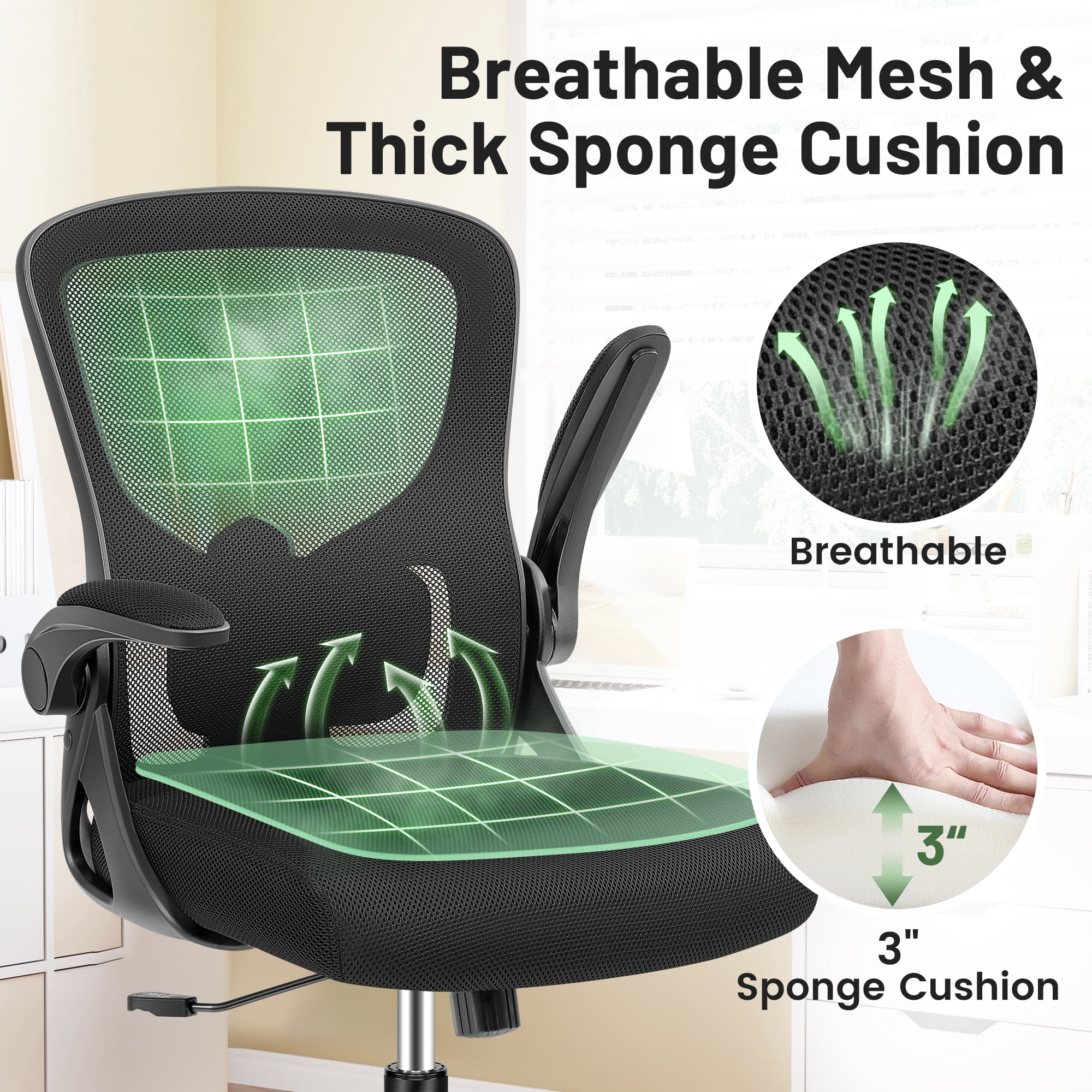 ATHOPE Office Chair, Ergonomic Desk Chairs 300LBS Capacity High Back Mesh Computer Chair with Flip-up Armrests, Comfy Work Chair with Adjustable Lumbar Support for Home Office, Black