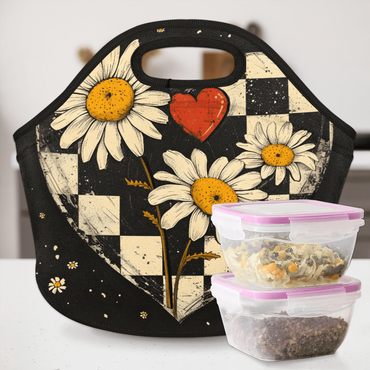 Herdesigns Daisy Floral Neoprene Lunch Bag, Modern Insulated Lunch Box for Women Men Washable Lunch Tote Soft Lunch Container With Zipper for Work Picnic Travel