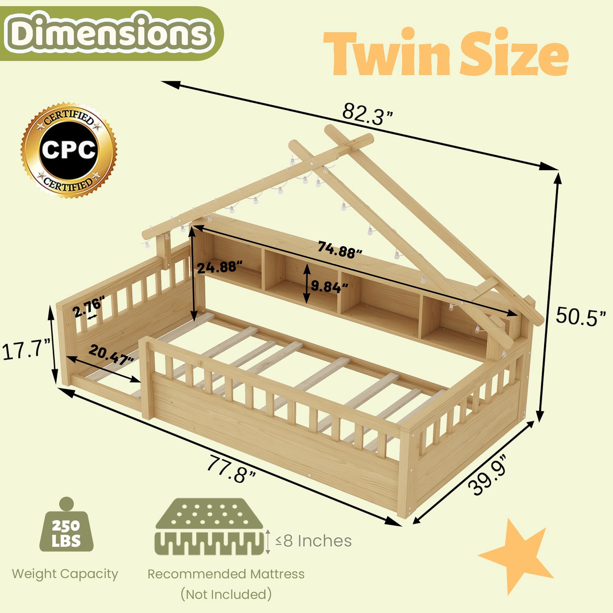Mirightone Twin Size Floor Bed with Storage Bookshelves & LED Light - Wooden Montessori Bed Frame with High Safety Rails, Roof Shape, No Box Spring Needed, Natural