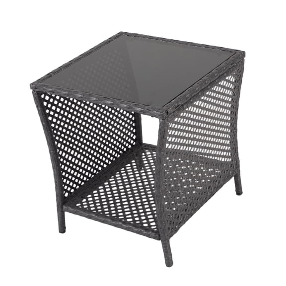 Kinbor Outdoor Wicker Side Table with Tempered Glass Top, 17.7" Square Patio End Table with Storage Shelf, Weather-Resistant Rattan Table for Balcony, Porch, Deck, Garden, Easy Assembly
