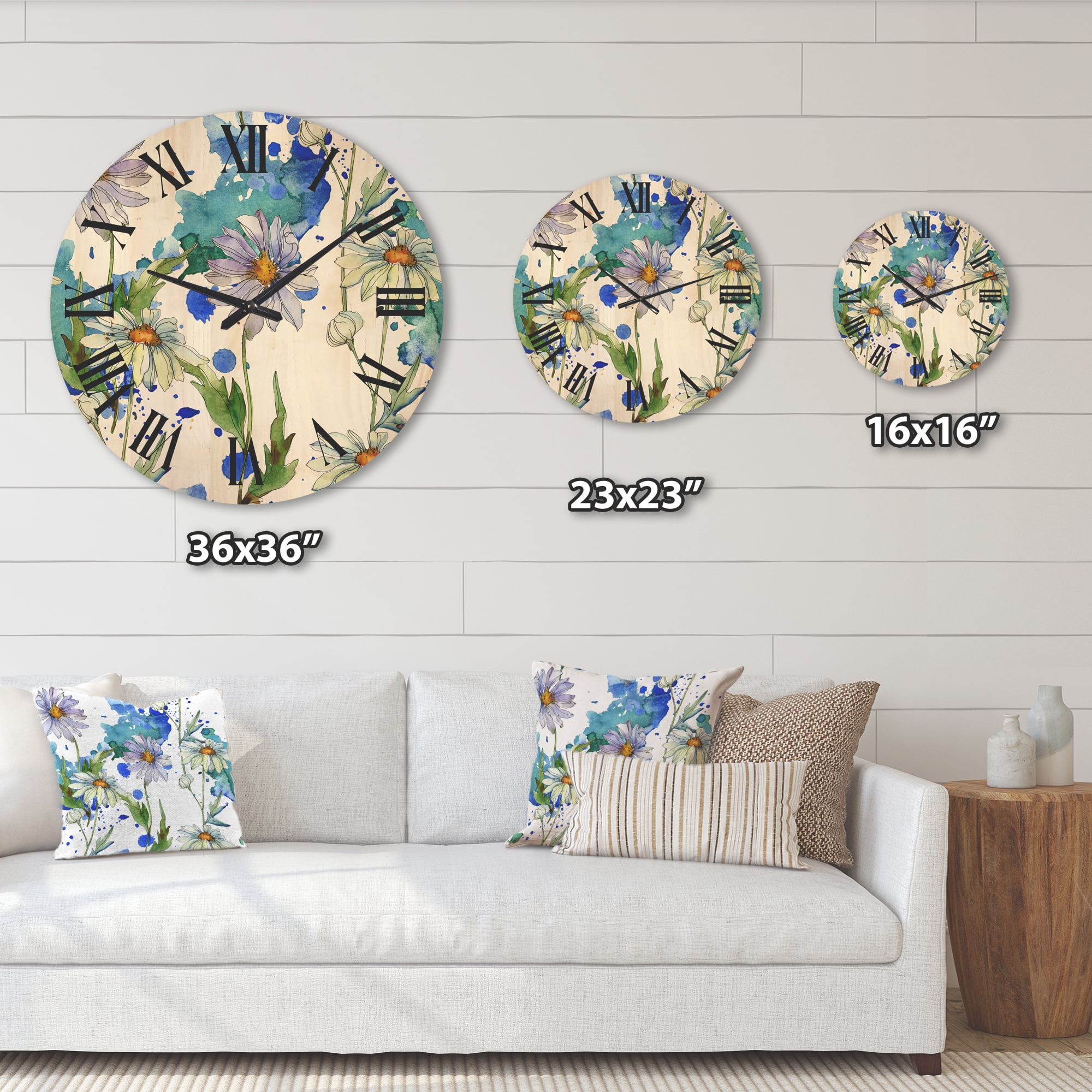Designart 'Daisies With Green Leaves and Background' Traditional Wood Wall Clock