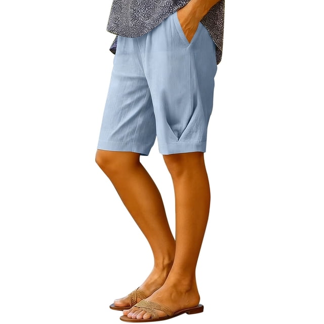 Shorts de Lino para Mujer Bermuda Verano Casual Viaje Color Sólido Cintura Elástica de Vestir hasta la Rodilla con Bolsillos