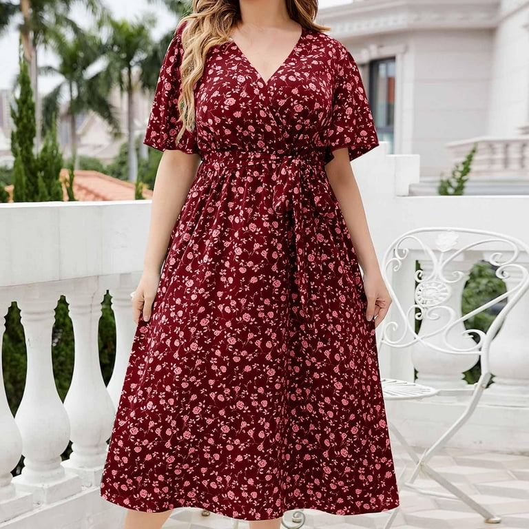 DDAPJ pyju Boho Floral Summer Dresses for Women Plus Size Empire