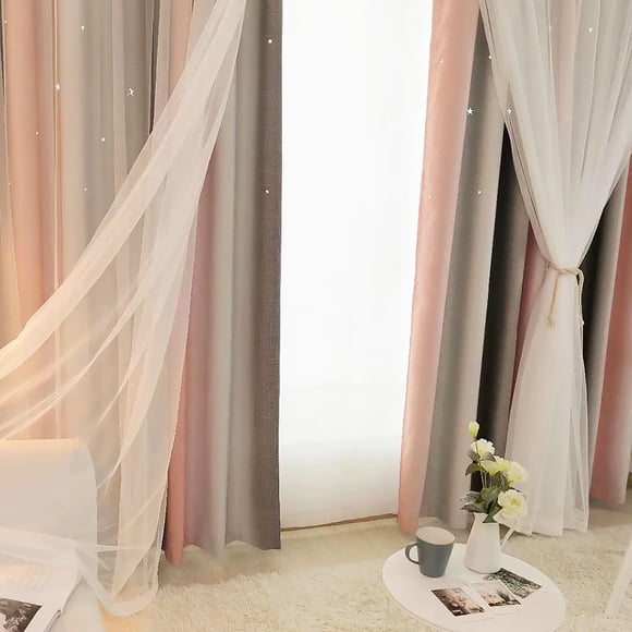 Ruiboury Hollow Star Design Double Layer Window Curtain Gauze double layer curtain Light Transmitting Curtain Light Blocking Drape 1x2m Rod Type